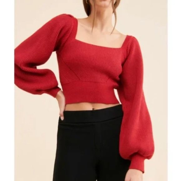 MinkPink Vayu Long Sleeve Square Neck Knit Top Women's Size M - Wine Red